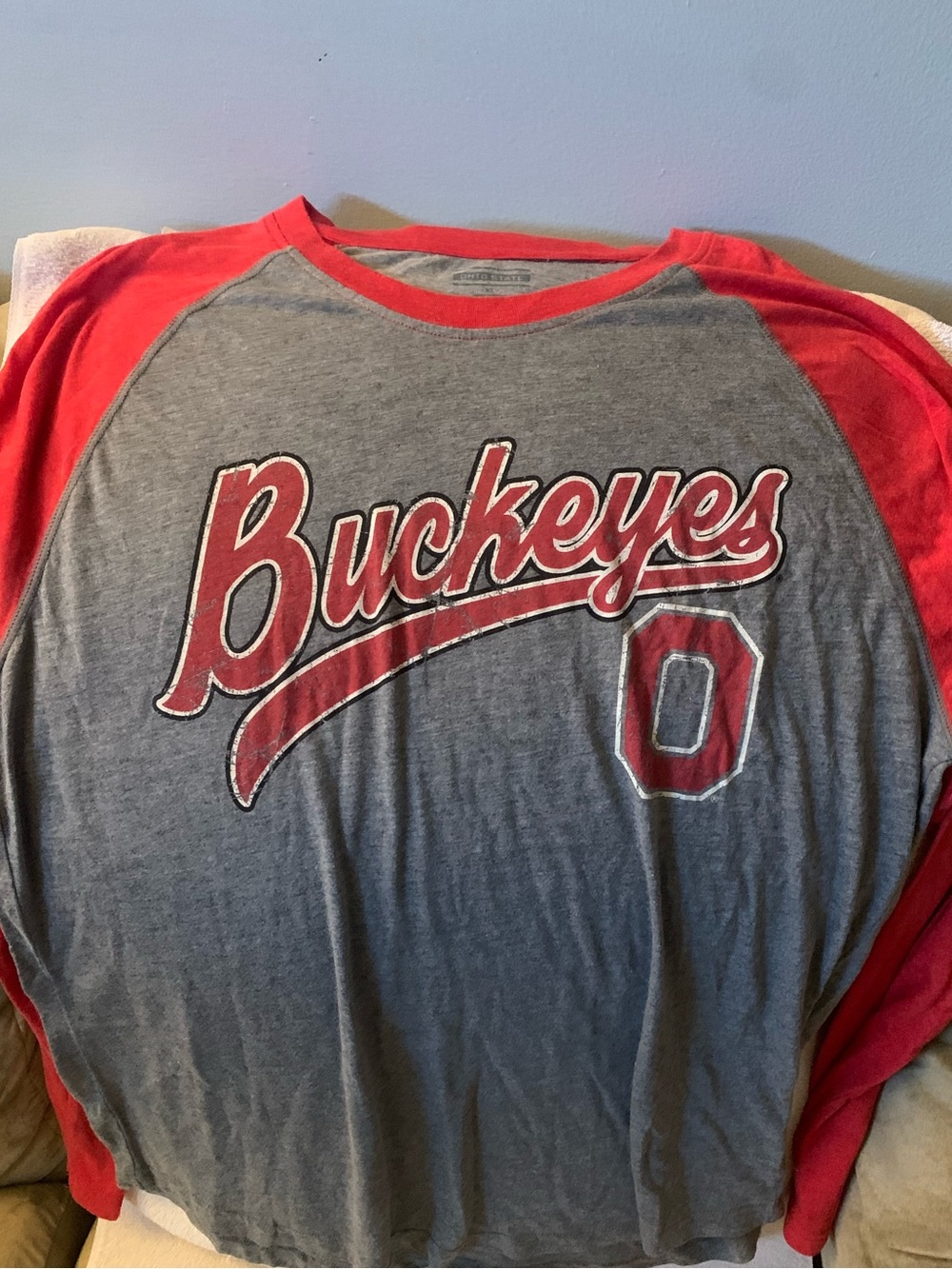 OSU Ohio State Buckeyes Raglan Baseball Tee in Gray and Red